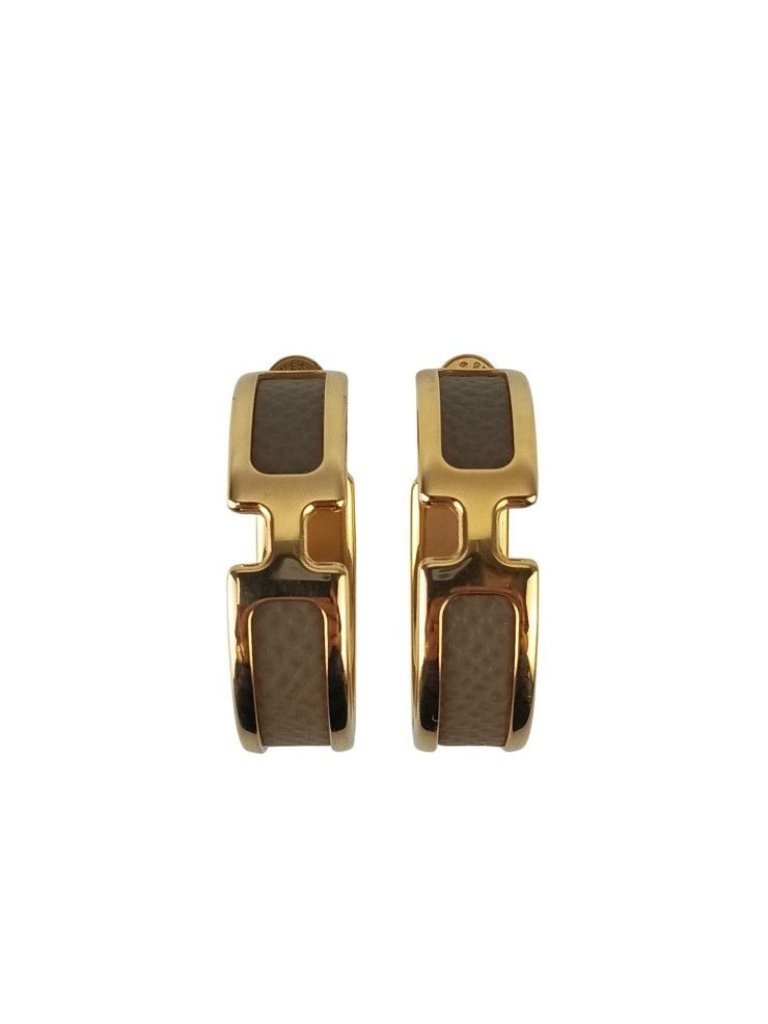 Hermes Earrings Olympe Gold Brown Metal Leather